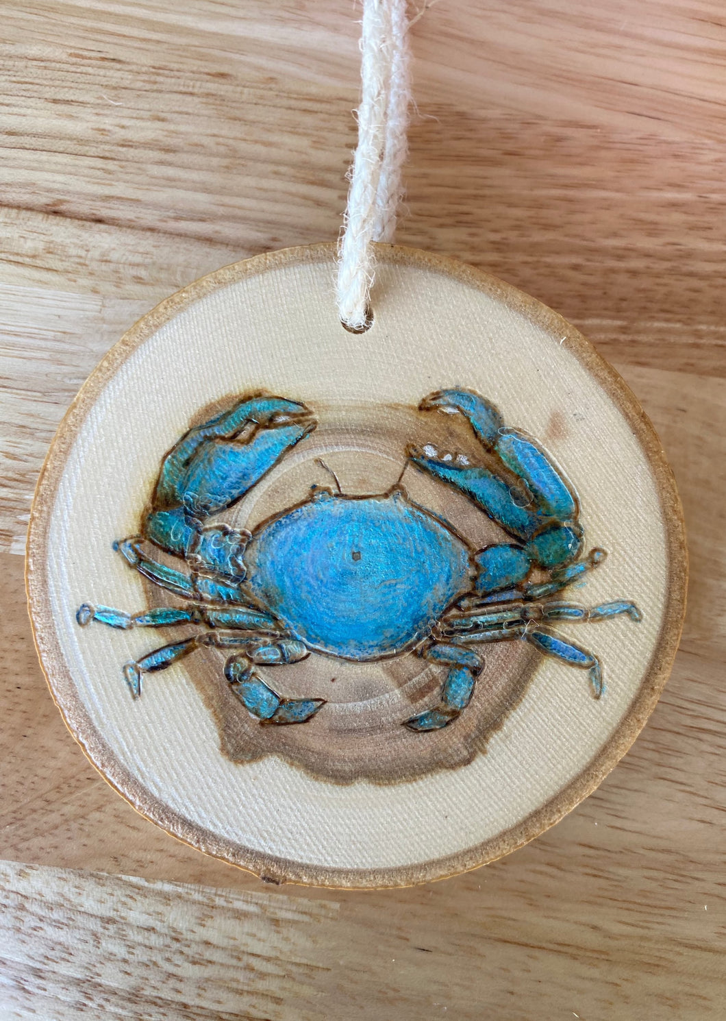 Blue Crab Wood Burned Ornament